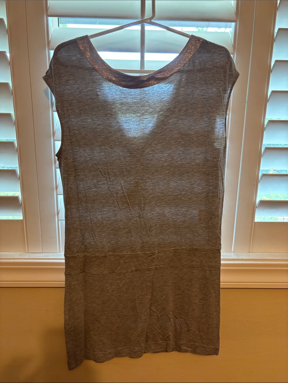Gray Cap-Sleeve V-Neck Dress with Metallic Trim